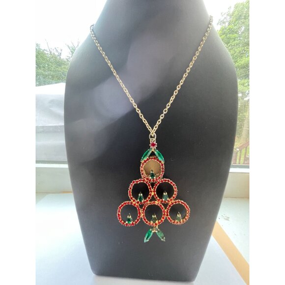 Vintage Rhinestone Christmas Tree Pendant Necklace With Gold-Tone Chain & Red/Gr - Picture 9 of 16
